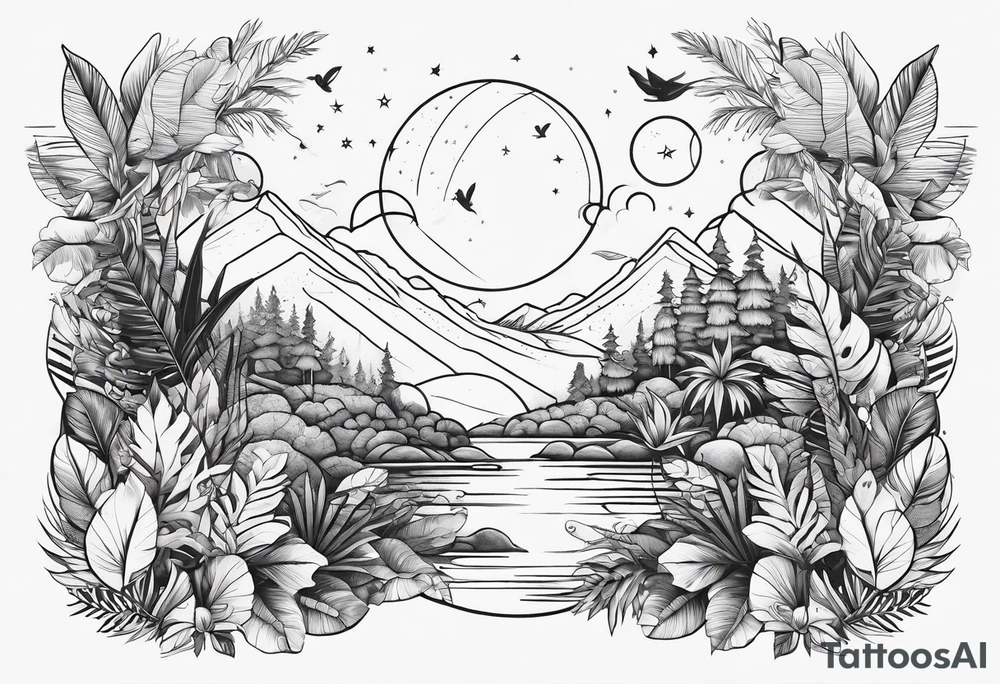 aesthetic line art design of space and jungle tattoo idea