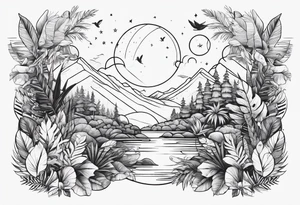aesthetic line art design of space and jungle tattoo idea