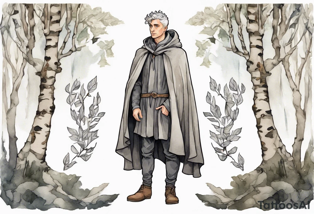 a solitary medieval thoughtful Tan France wearing a grey cloak standing in a birch forest tattoo idea