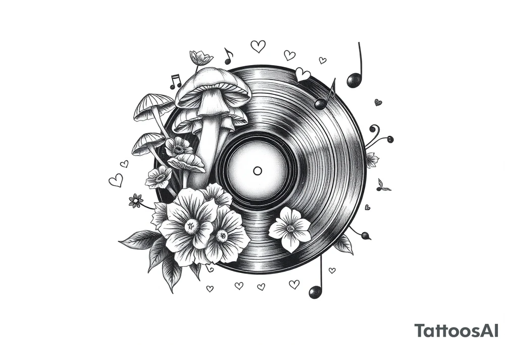 vinyl record with mushrooms, flowers, hearts, and music notes tattoo idea