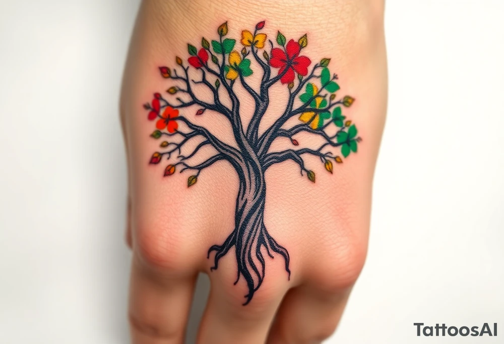 Vibrant tree of life Jamaican and Irish colours tattoo idea