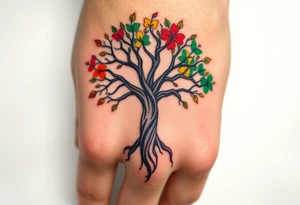 Vibrant tree of life Jamaican and Irish colours tattoo idea