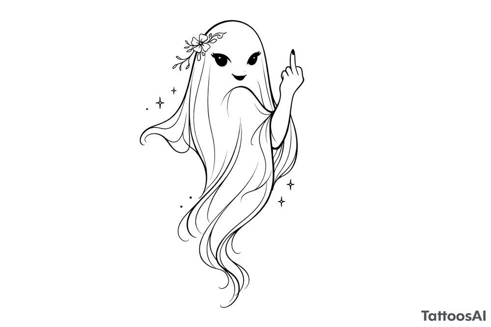 Minimalist line art girly ghost, cheekily raising middle finger, slender form. tattoo idea