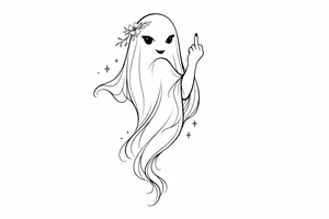 Minimalist line art girly ghost, cheekily raising middle finger, slender form. tattoo idea