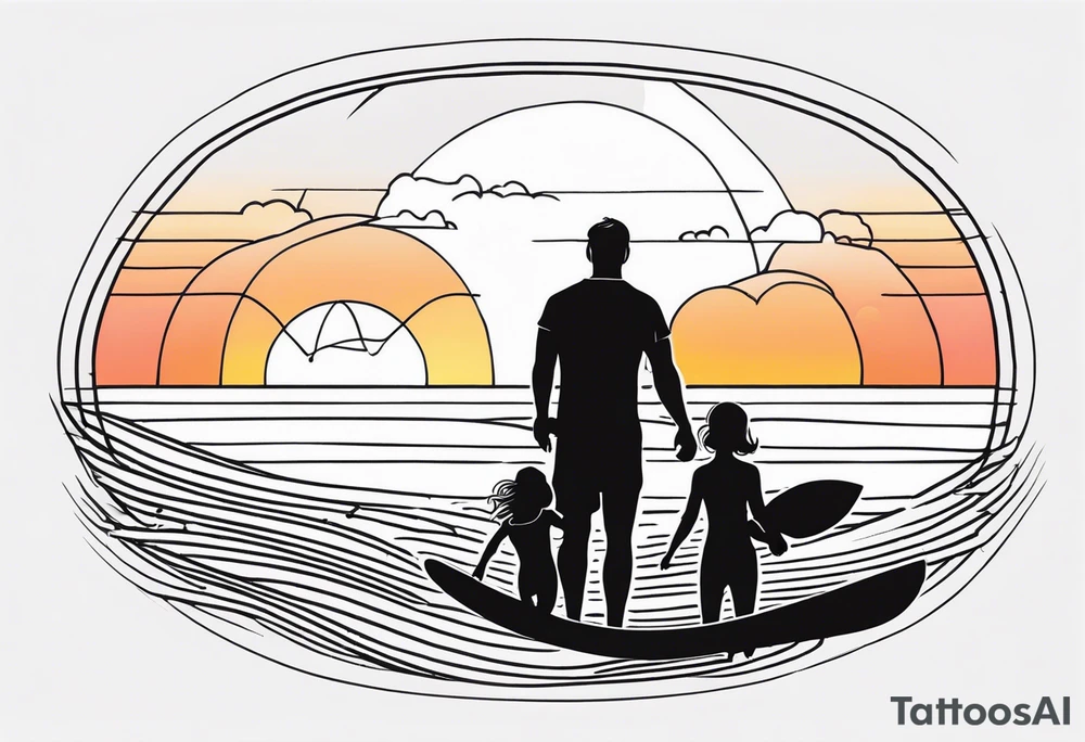 Black and white minimalist Line work tattoo depicting a father surfing with his two daughters.  The sunset and horizon have musical notes. tattoo idea