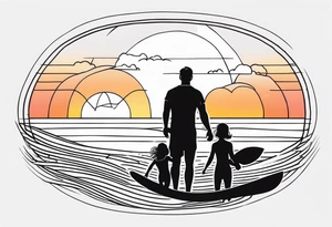 Black and white minimalist Line work tattoo depicting a father surfing with his two daughters.  The sunset and horizon have musical notes. tattoo idea
