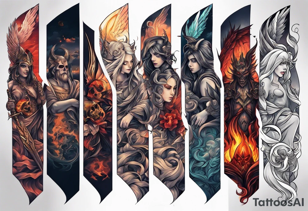 heaven and hell with angels and demons arm sleeve tattoo idea