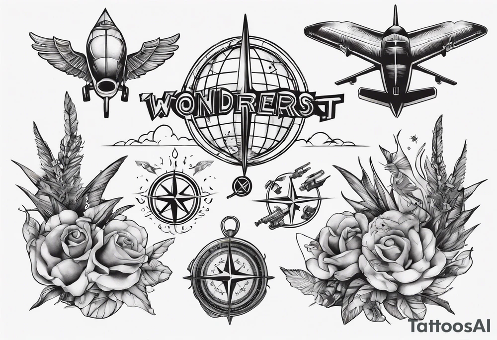 wonderlust with compass and skydiving and guns tattoo idea