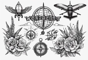 wonderlust with compass and skydiving and guns tattoo idea