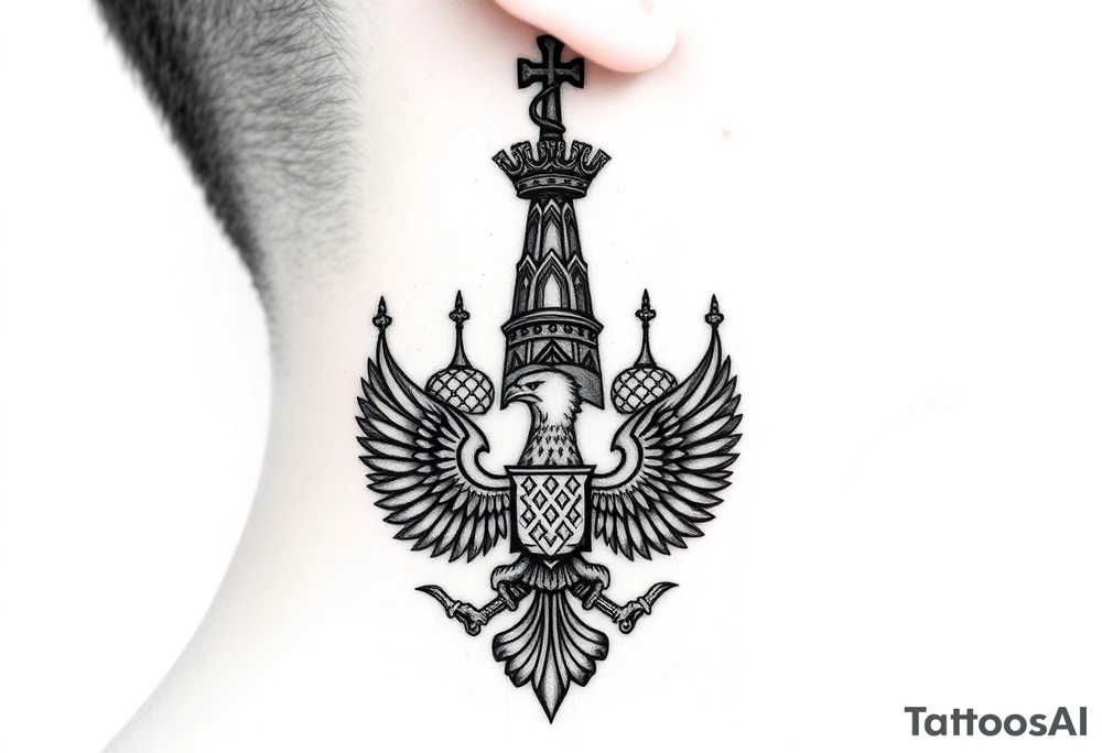 St. George 
3 russian imperial crowns above the Russian coat of arms double eagle
Russian sabre
The Kremlin or St. Basil's Cathedral scene 
on the side of my neck tattoo idea