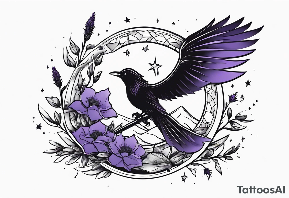 a fantasy book. a high flying dragon. A fallen pawn. a cluster of lavender. a sword with a bee. A raven. Stars and crescent moon. tattoo idea