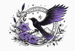 a fantasy book. a high flying dragon. A fallen pawn. a cluster of lavender. a sword with a bee. A raven. Stars and crescent moon. tattoo idea