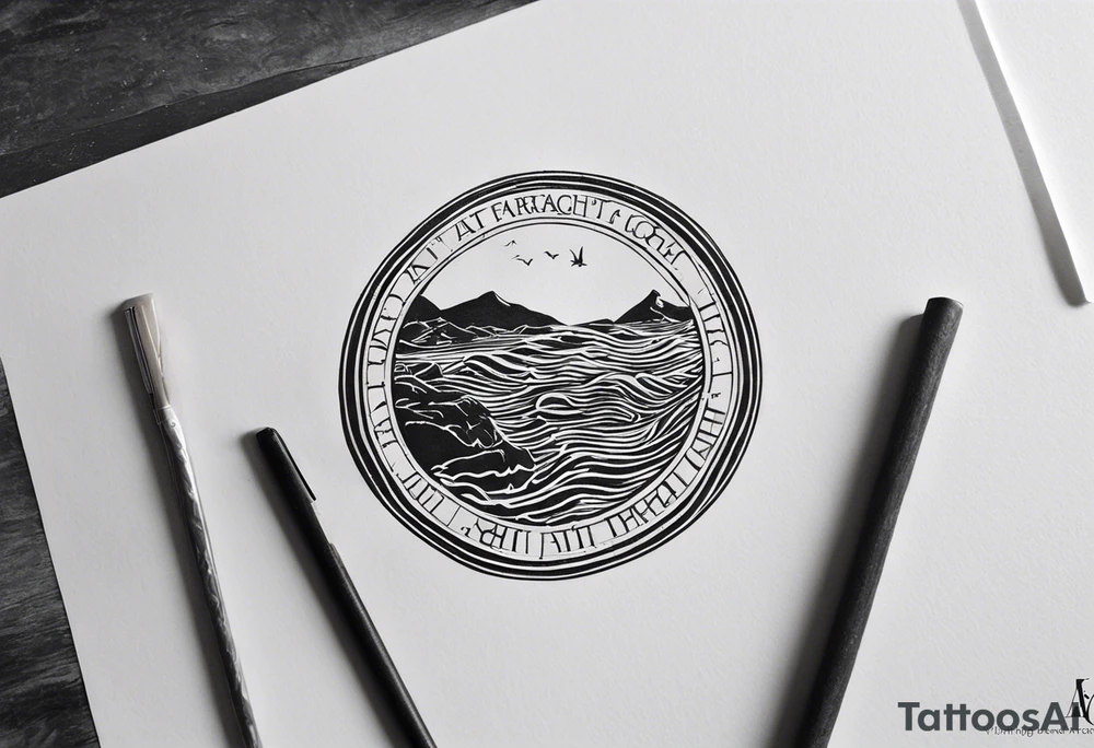 Design me a tattoo for an upper left arm half sleeve, with the script "Áit éigin taobh thall den farraige, áit éigin ag fanacht dom" and to be over a coast scene from the beach at warrenpoint in northern ireland. Make it in the style of Viking design incorporated into the design with a rune, but the text is a must tattoo idea