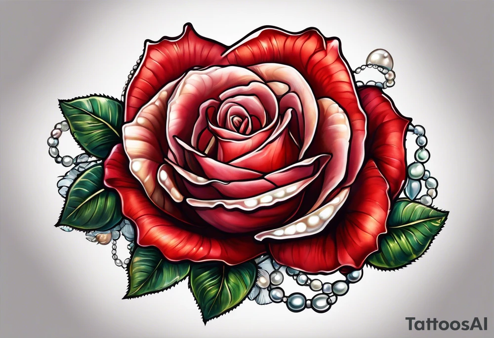 Red rose with seashell and pearls tattoo idea