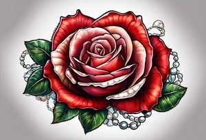 Red rose with seashell and pearls tattoo idea