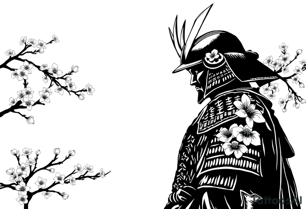noble samurai warrior silhouette at sunset with cherry blossoms tattoo idea