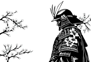 noble samurai warrior silhouette at sunset with cherry blossoms tattoo idea