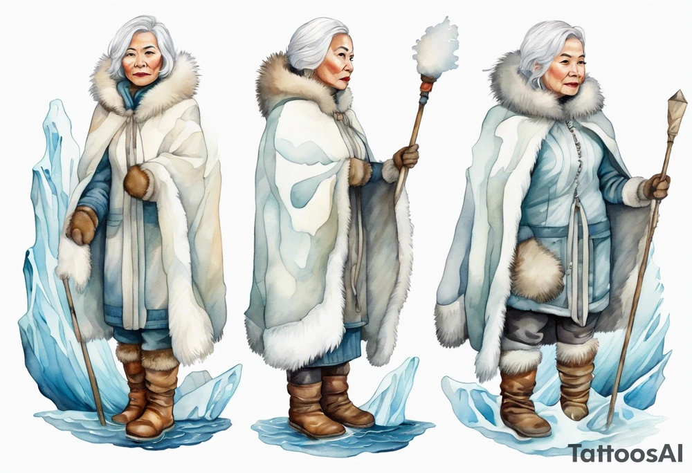 a middle aged Inuit woman with white hair, wearing mittens, wearing a white cloak, holding a white staff, wearing mukluks, standing on an iceberg in the sea tattoo idea