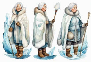 a middle aged Inuit woman with white hair, wearing mittens, wearing a white cloak, holding a white staff, wearing mukluks, standing on an iceberg in the sea tattoo idea