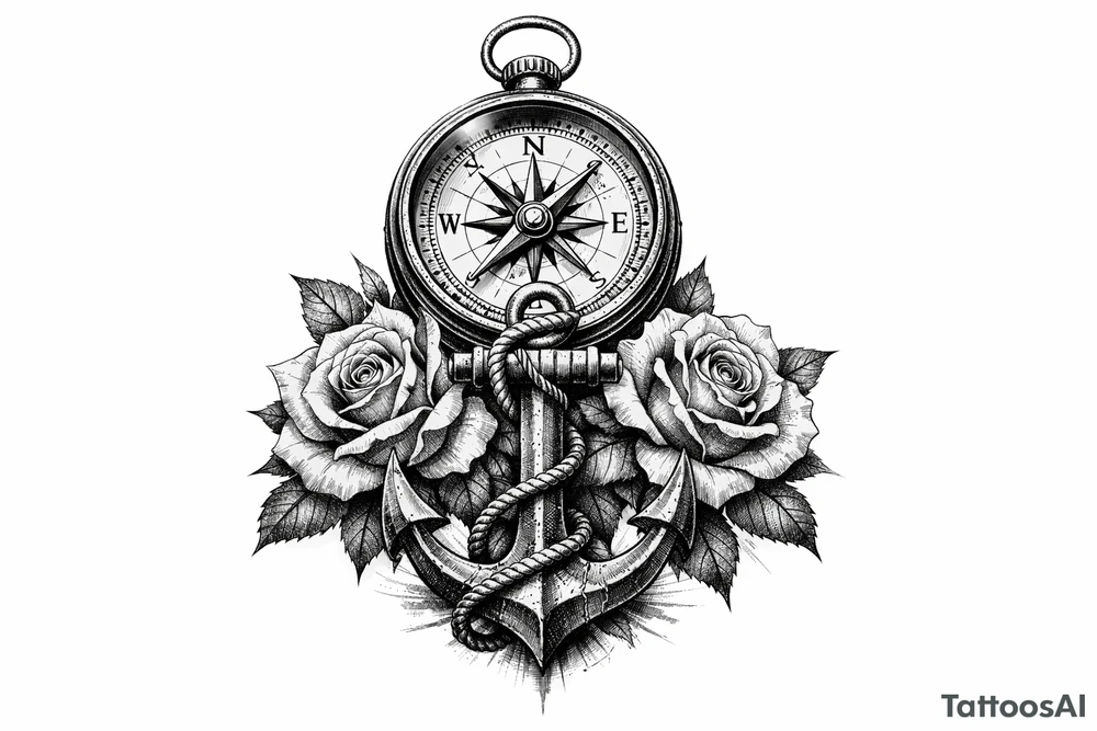 a compass under it an anchor and roses. tattoo idea