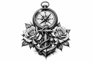 a compass under it an anchor and roses. tattoo idea