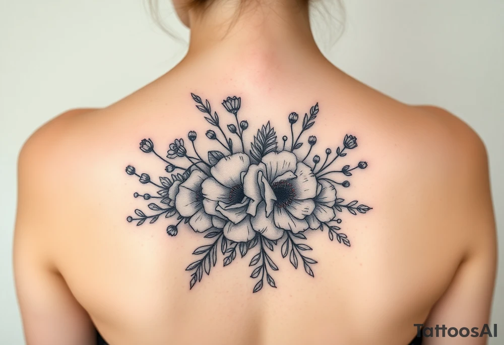 vintage bouquet of wild roses and meadow flowers with morning dew tattoo idea