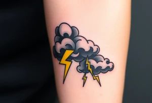 Black dark menacing storm clouds with eerie yellow lightning bolts tattoo idea