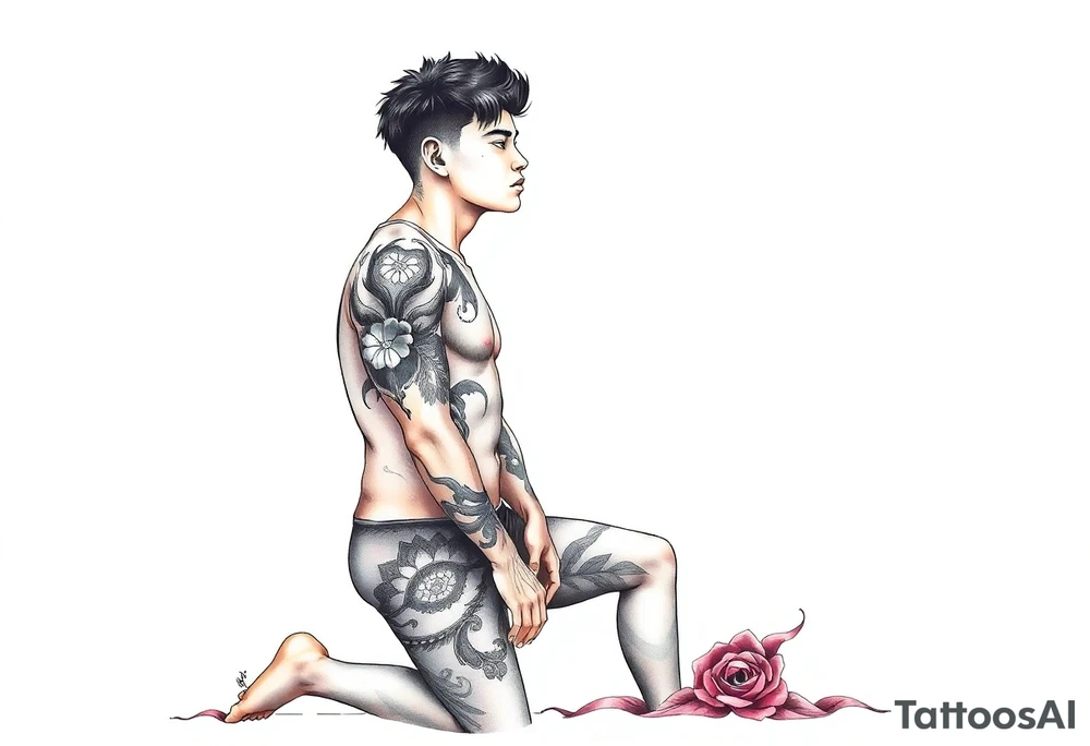 Handsome Asian young guy is standing on his knees and looking down tattoo idea
