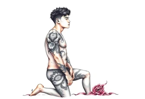 Handsome Asian young guy is standing on his knees and looking down tattoo idea