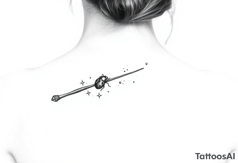 A ladybug getting out of hermione's magic wand like it was a spell. Magic dust all around the wand that looks almost smoky. I also want some small details around it that would make a piggyback on harry potter's movie like harry's glasses, a lightning, the golden snitch, etc... tattoo idea