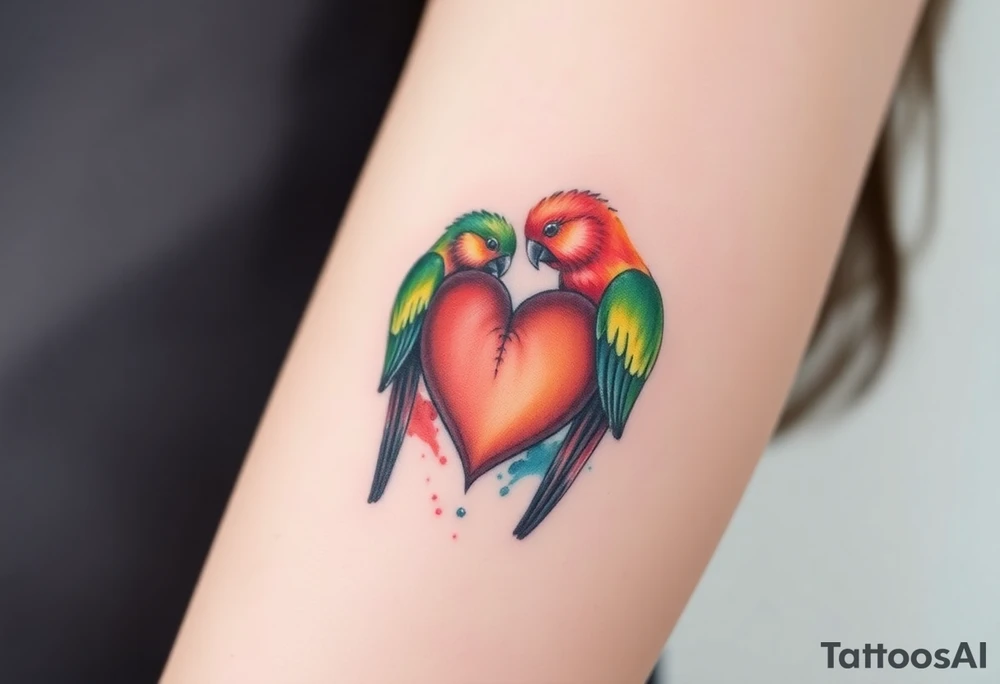 dainty sacred heart with two lorikeet birds tattoo idea
