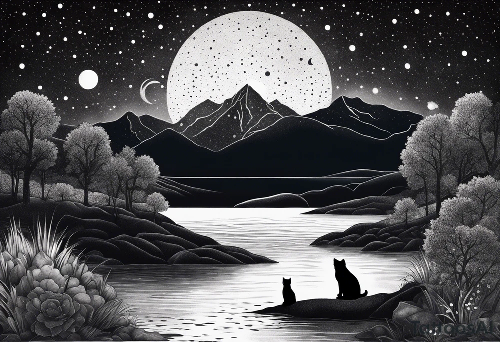 a night sky with leo and cancer constellation, mountains, a father and son with his dog and cat sitting by the water tattoo idea