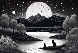 a night sky with leo and cancer constellation, mountains, a father and son with his dog and cat sitting by the water tattoo idea