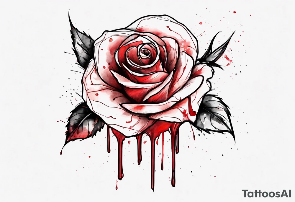 rose flower, one line, red blood dripping from the flower, tall, watercolor, with a cross in it tattoo idea