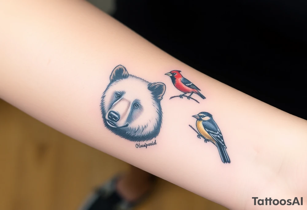 A bear, woodpecker and cardinal tattoo idea