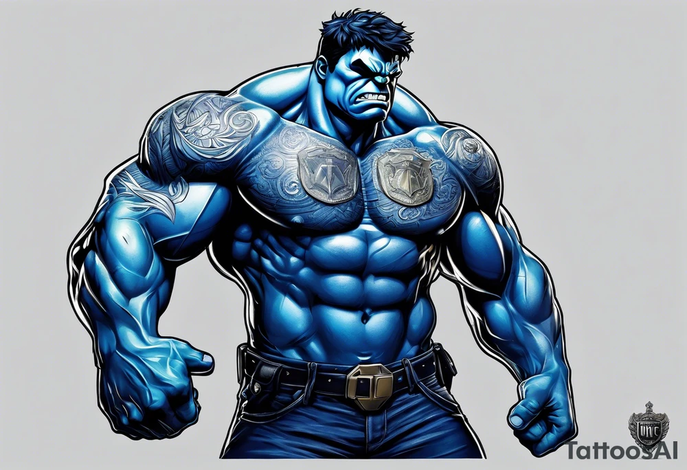 The hulk wearing a dark blue police shirt with a silver badge on the left chest tattoo idea