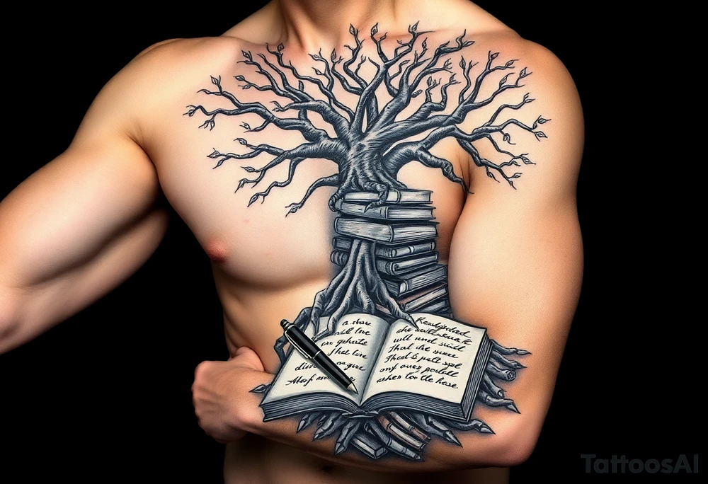Dark 
tree of knowledge with books connected as roots stacked up and an open journal with beautiful cursive writing at the base with a fountain pen for the tattoo idea