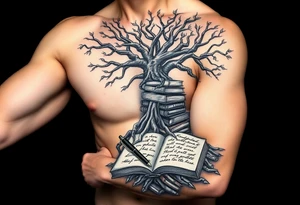 Dark 
tree of knowledge with books connected as roots stacked up and an open journal with beautiful cursive writing at the base with a fountain pen for the tattoo idea