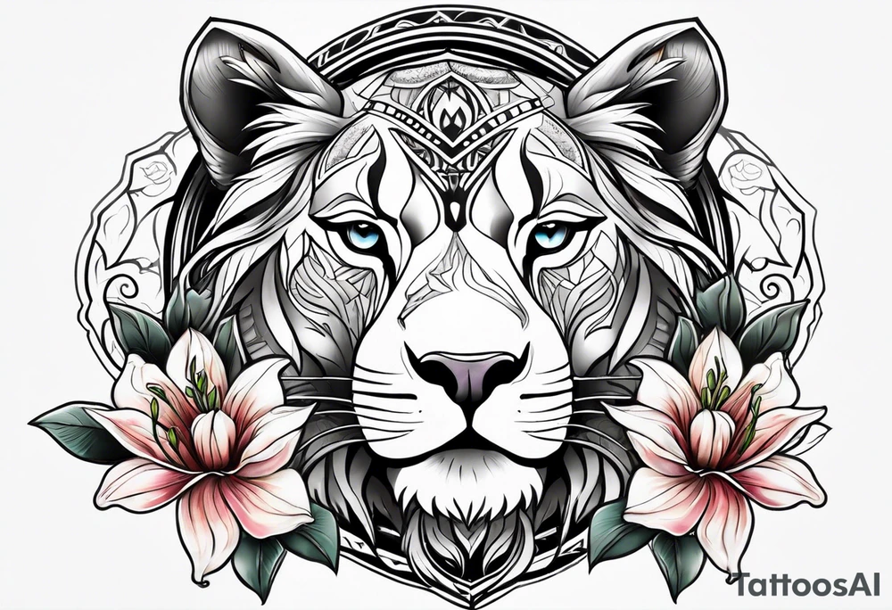Tribal lioness with lilies tattoo idea