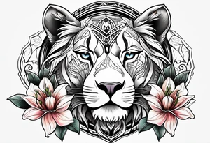 Tribal lioness with lilies tattoo idea