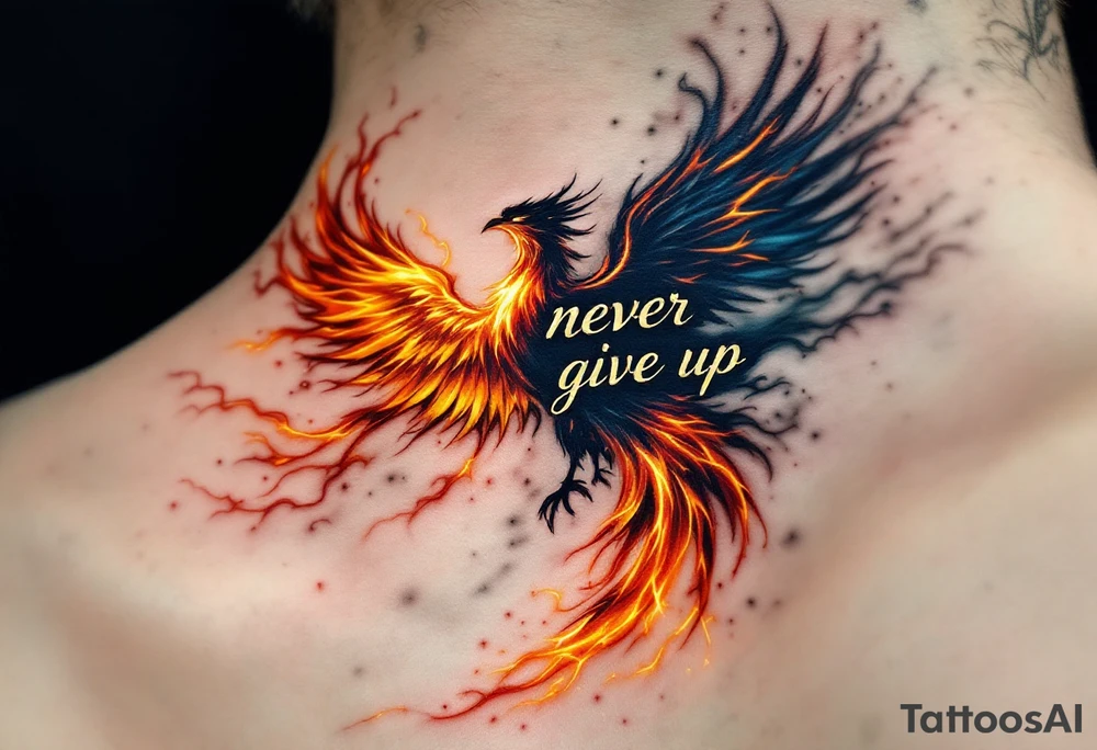 A burning phoenix rising behind the phrase "never give up" in metallic gold script. tattoo idea