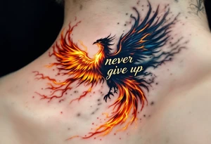 A burning phoenix rising behind the phrase "never give up" in metallic gold script. tattoo idea