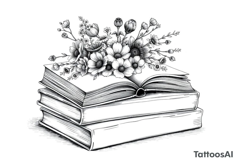 stack of 3 vintage books top book open with bouquet of different kinds of wild 
flowers coming out of it tattoo idea
