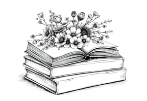 stack of 3 vintage books top book open with bouquet of different kinds of wild 
flowers coming out of it tattoo idea