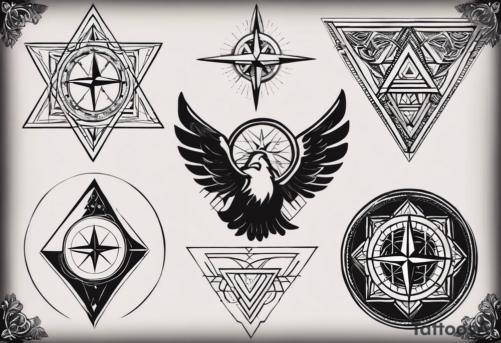 Fine line tattoo that will have three simple filled in shapes placed in a triangle formation. The top shape will be a geometric heart that symbolizes health. The bottom left will have a compass rose as a symbol for purpose. The bottom right will have three circles placed in a triangle formation to symbolize family. Tattoo should be minimalist with just the shapes filled in and no ornaments tattoo idea