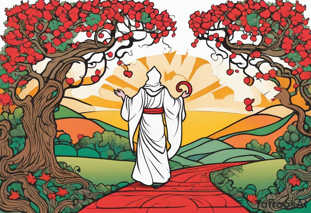 Three of bows.  Robed man in white. Right hand up. Left hand holding a bow. A one red and one white snake intertwining going up the front of the robe. Large oak tree behind him. And two paths going around him and the tree. tattoo idea