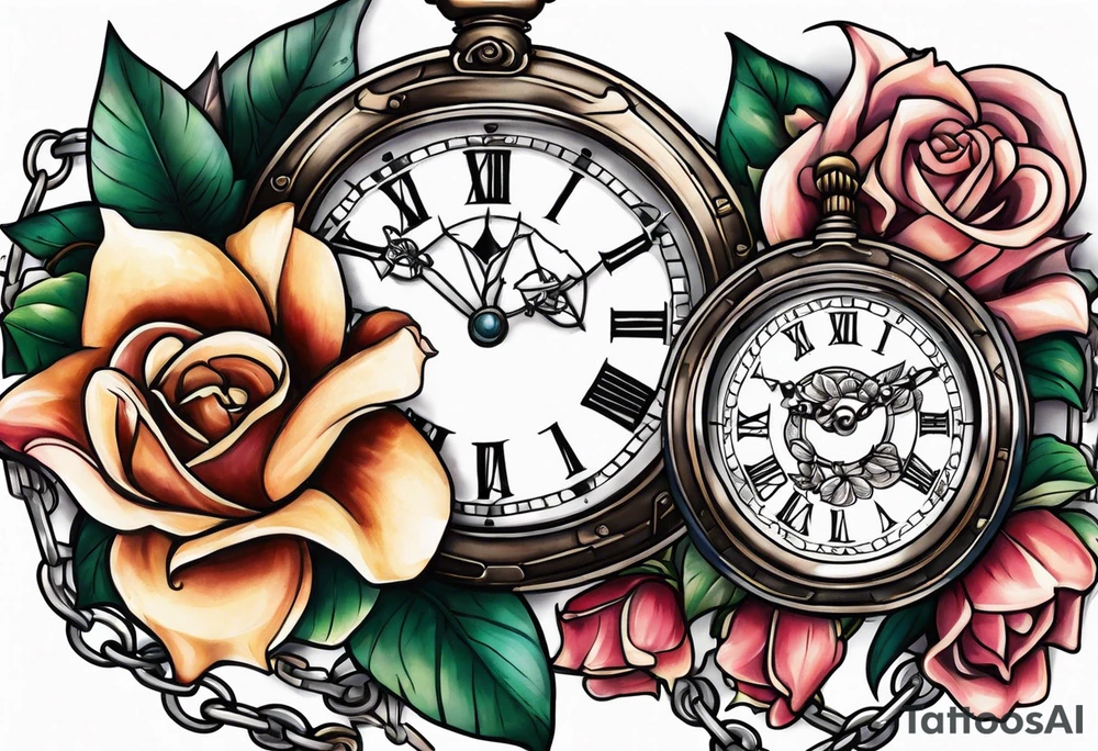 Two pocket watches linked together by a chain spelling "Lyv". Roses and lilies in the background tattoo idea