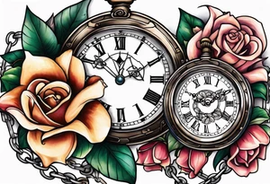 Two pocket watches linked together by a chain spelling "Lyv". Roses and lilies in the background tattoo idea