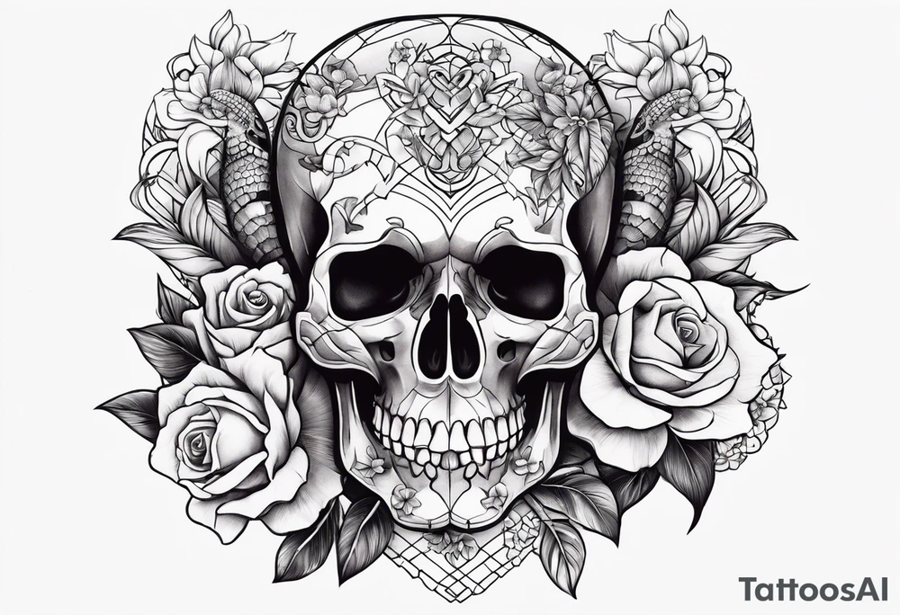 Skull with flowers and snakes tattoo idea