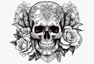 Skull with flowers and snakes tattoo idea